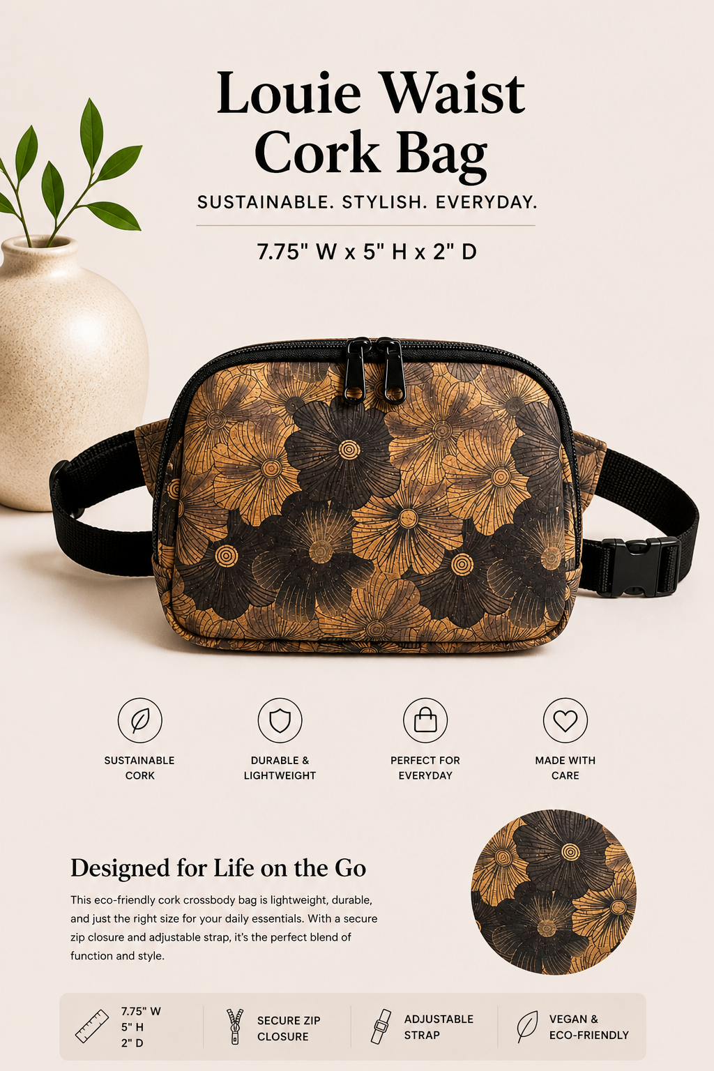 Waist Cork Bag – Handmade - Vegan - Sling - Adjustable Strap