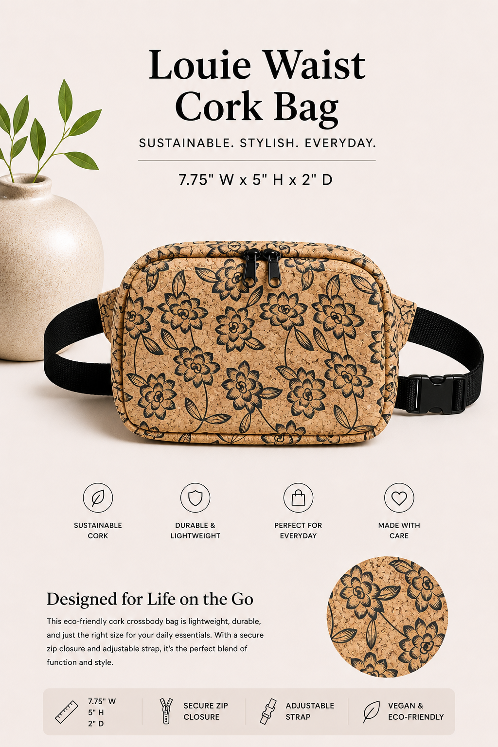 Waist Cork Bag – Handmade - Vegan - Sling - Adjustable Strap