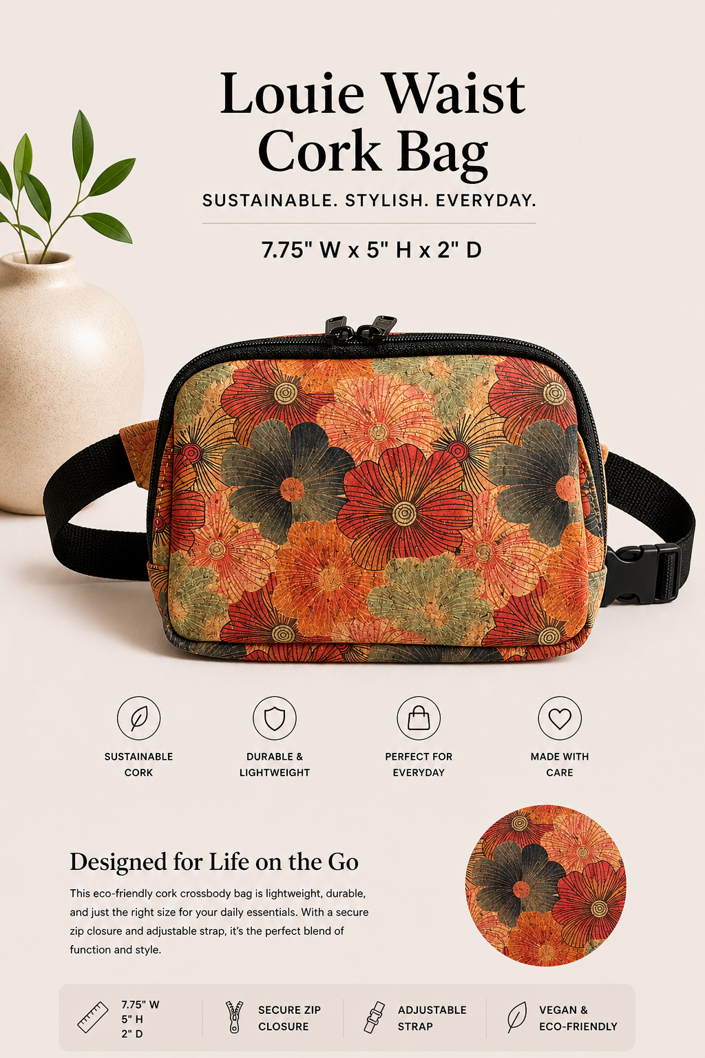 Waist Cork Bag – Handmade - Vegan - Sling - Adjustable Strap