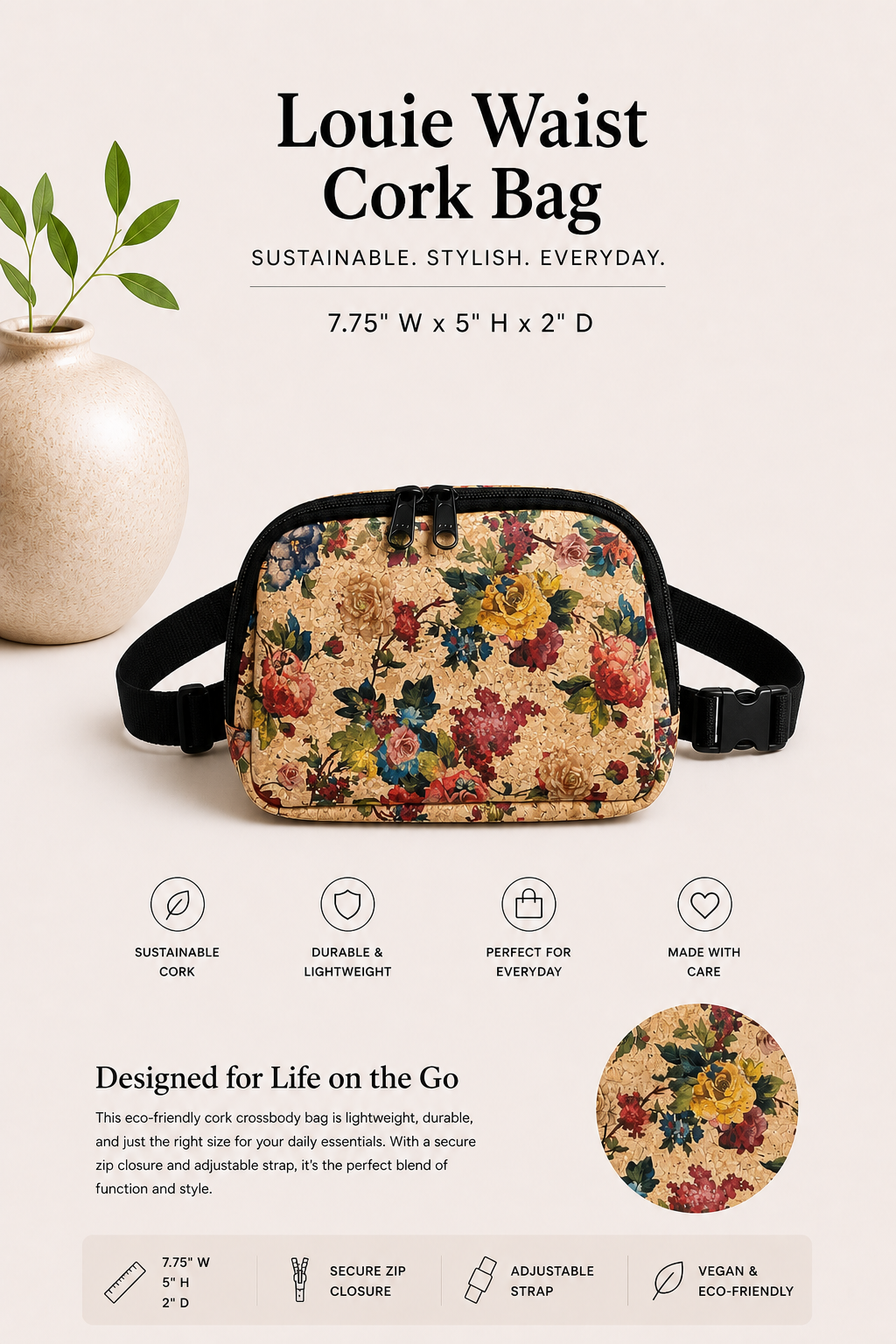 Waist Cork Bag – Handmade - Vegan - Sling - Adjustable Strap