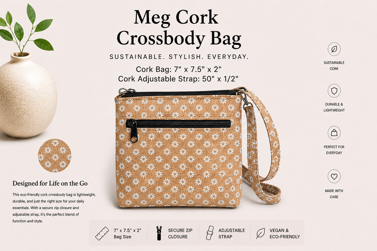 Meg Cork Crossbody Bag - Handmade - Vegan -  Adjustable Strap