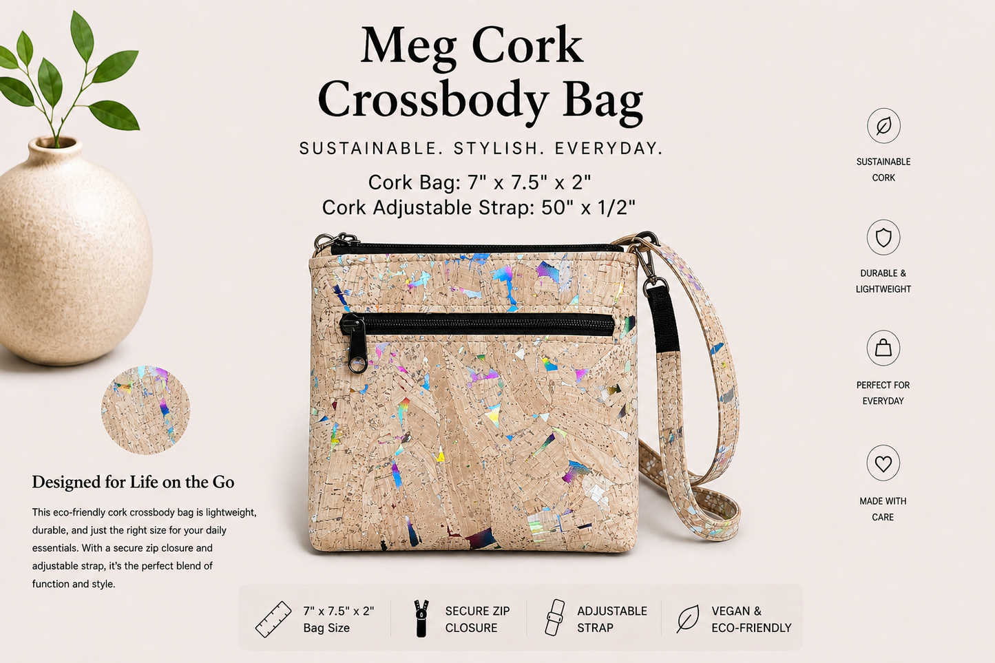 Meg Cork Crossbody Bag - Handmade - Vegan -  Adjustable Strap
