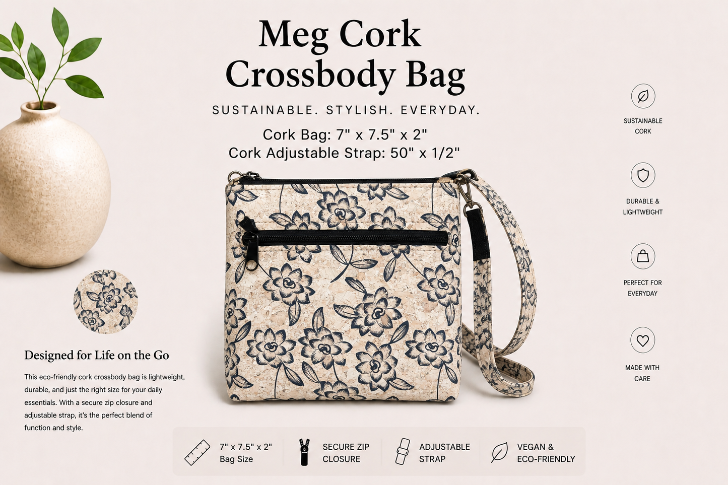 Meg Cork Crossbody Bag - Handmade - Vegan -  Adjustable Strap