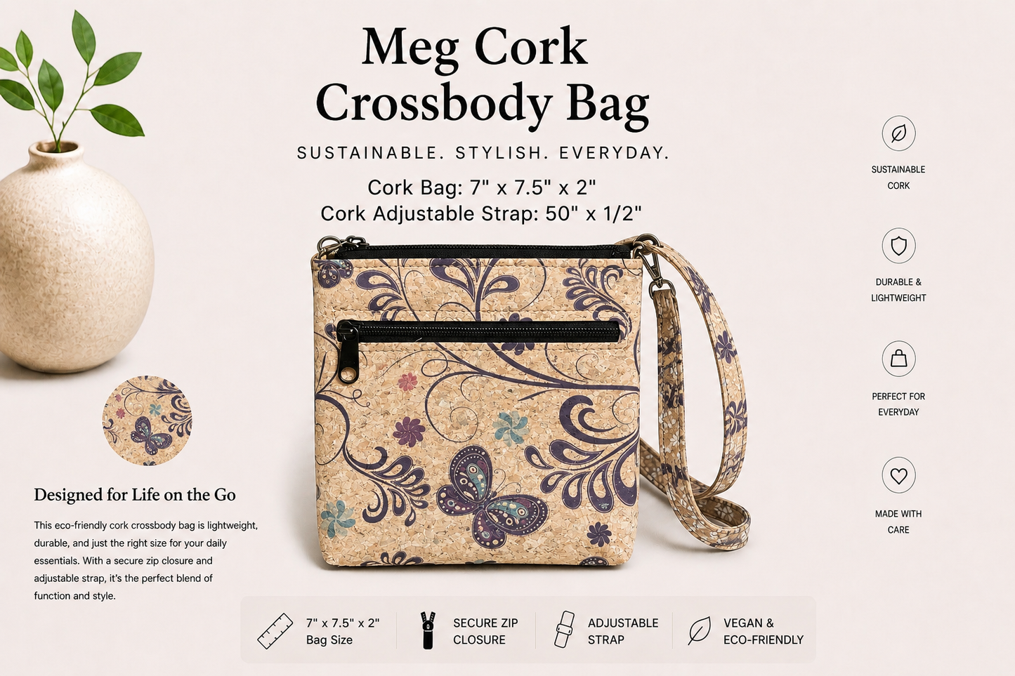 Meg Cork Crossbody Bag - Handmade - Vegan -  Adjustable Strap