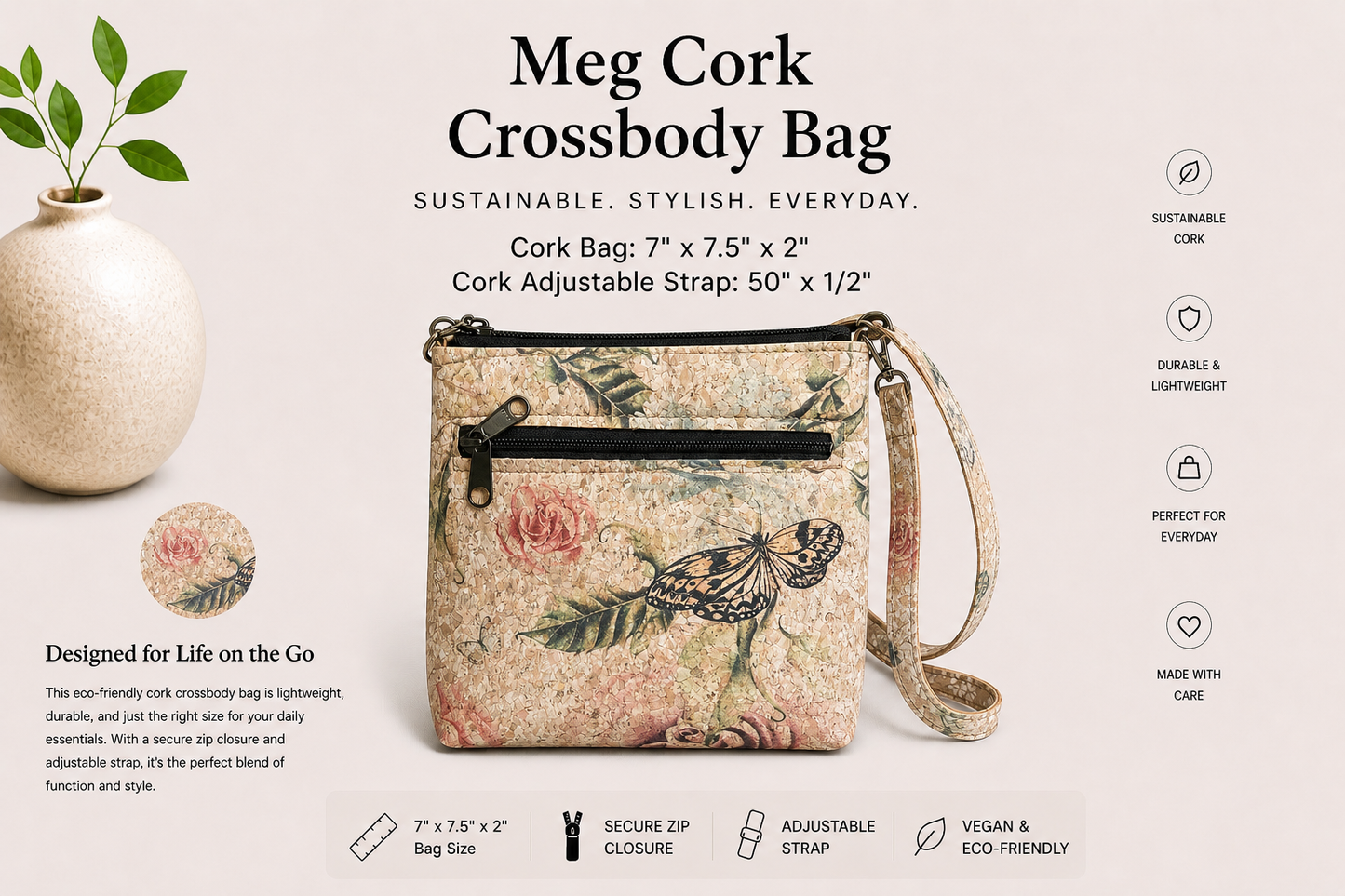 Meg Cork Crossbody Bag - Handmade - Vegan -  Adjustable Strap
