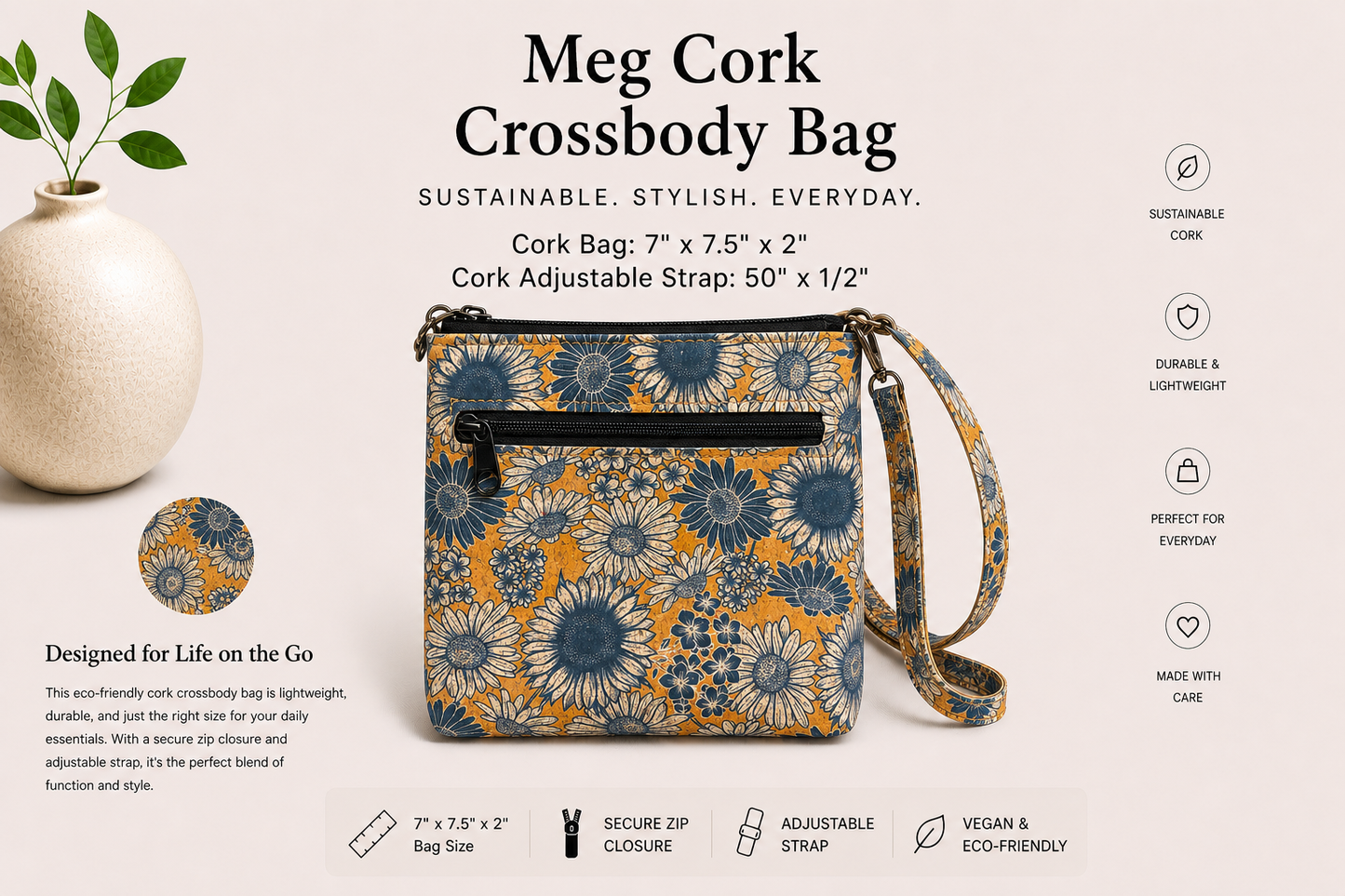 Meg Cork Crossbody Bag - Handmade - Vegan -  Adjustable Strap