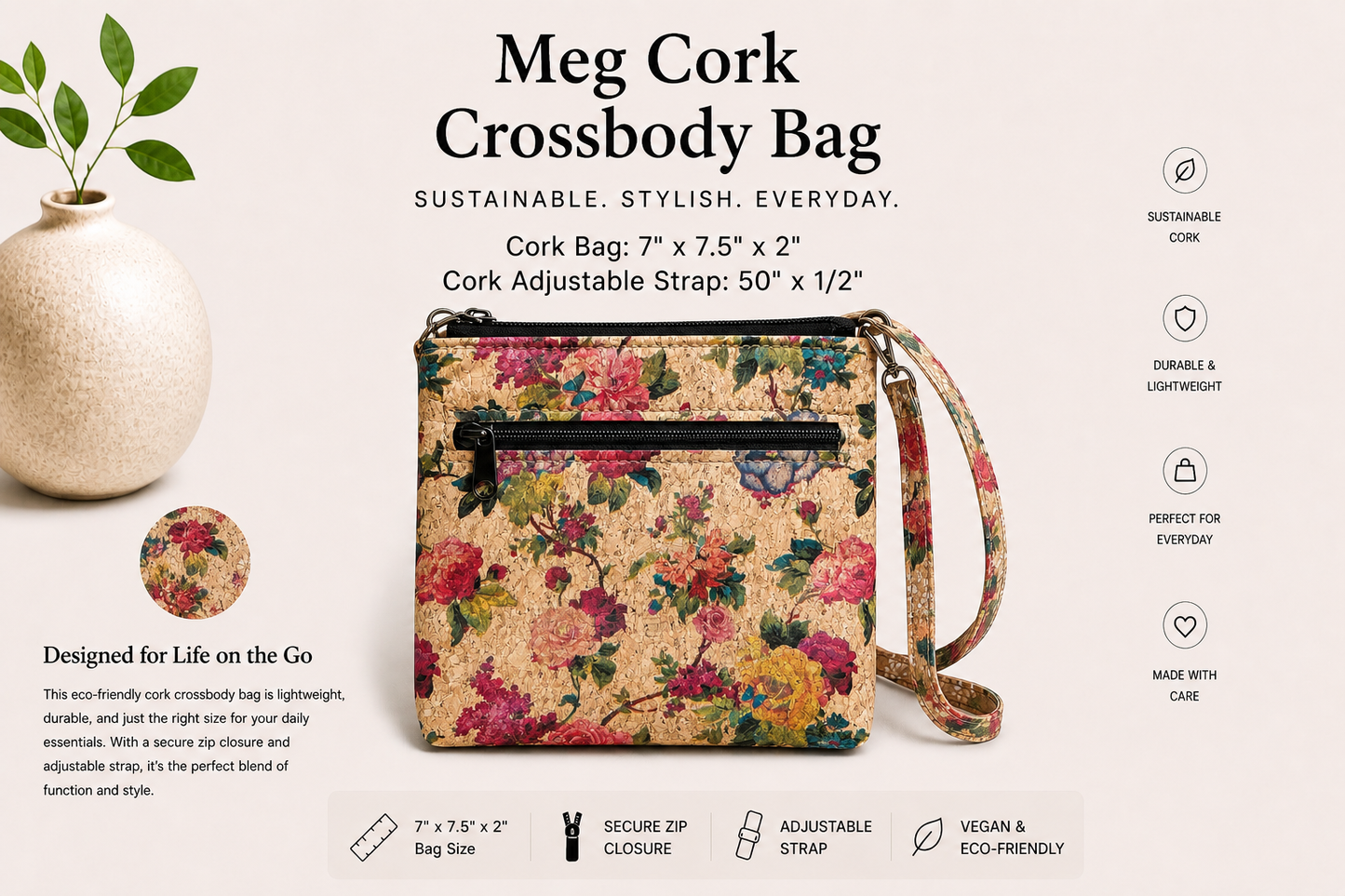 Meg Cork Crossbody Bag - Handmade - Vegan -  Adjustable Strap