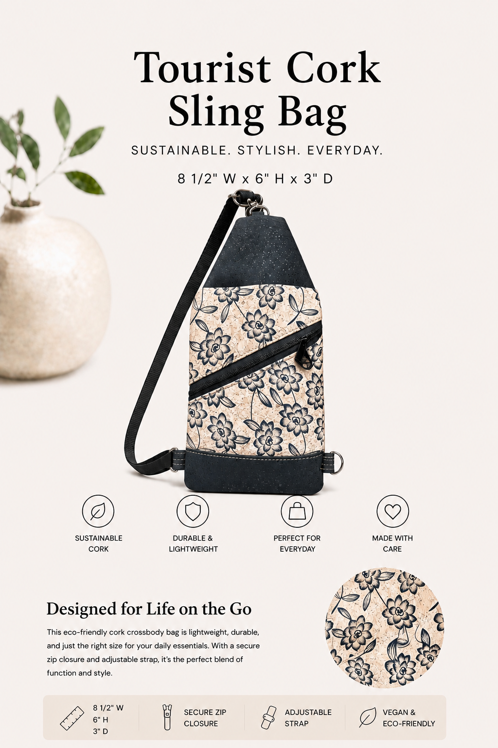 Tourist Cork Sling  Bag -Vegan - Handmade - Adjustable Strap