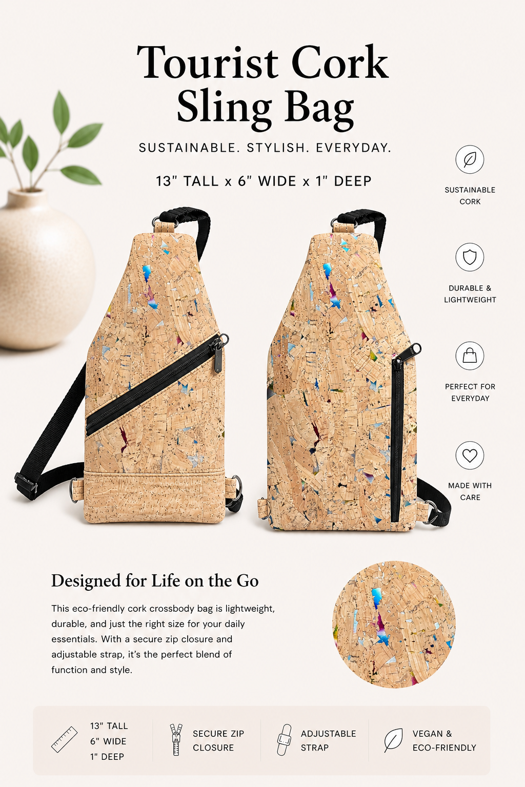 Tourist Cork Sling  Bag -Vegan - Handmade - Adjustable Strap
