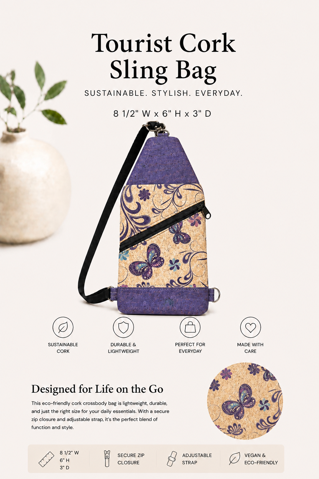 Tourist Cork Sling  Bag -Vegan - Handmade - Adjustable Strap