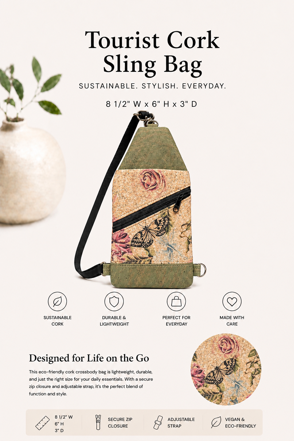 Tourist Cork Sling  Bag -Vegan - Handmade - Adjustable Strap
