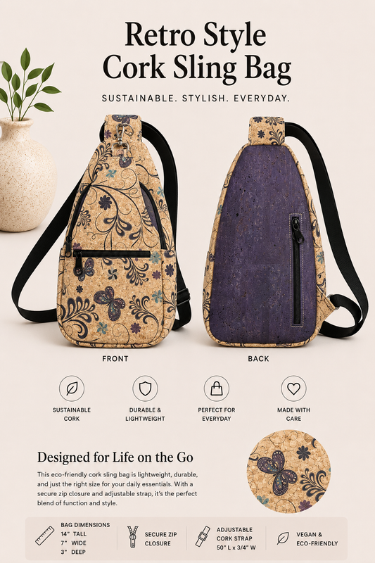 Retro Style Cork Sling Bag - w/Adjustable Strap - Vegan - Handmade