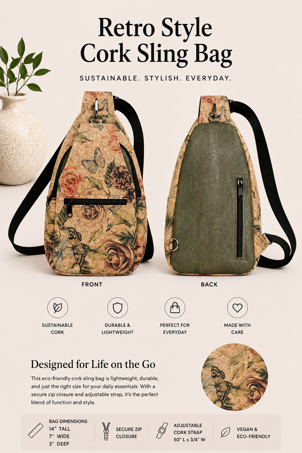 Retro Style Cork Sling Bag - w/Adjustable Strap - Vegan - Handmade