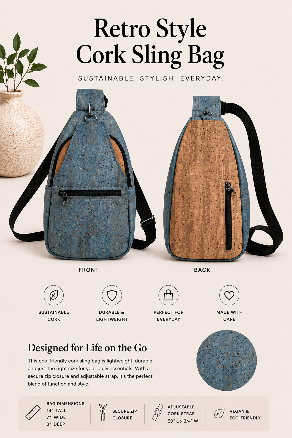 Retro Style Cork Sling Bag - w/Adjustable Strap - Vegan - Handmade