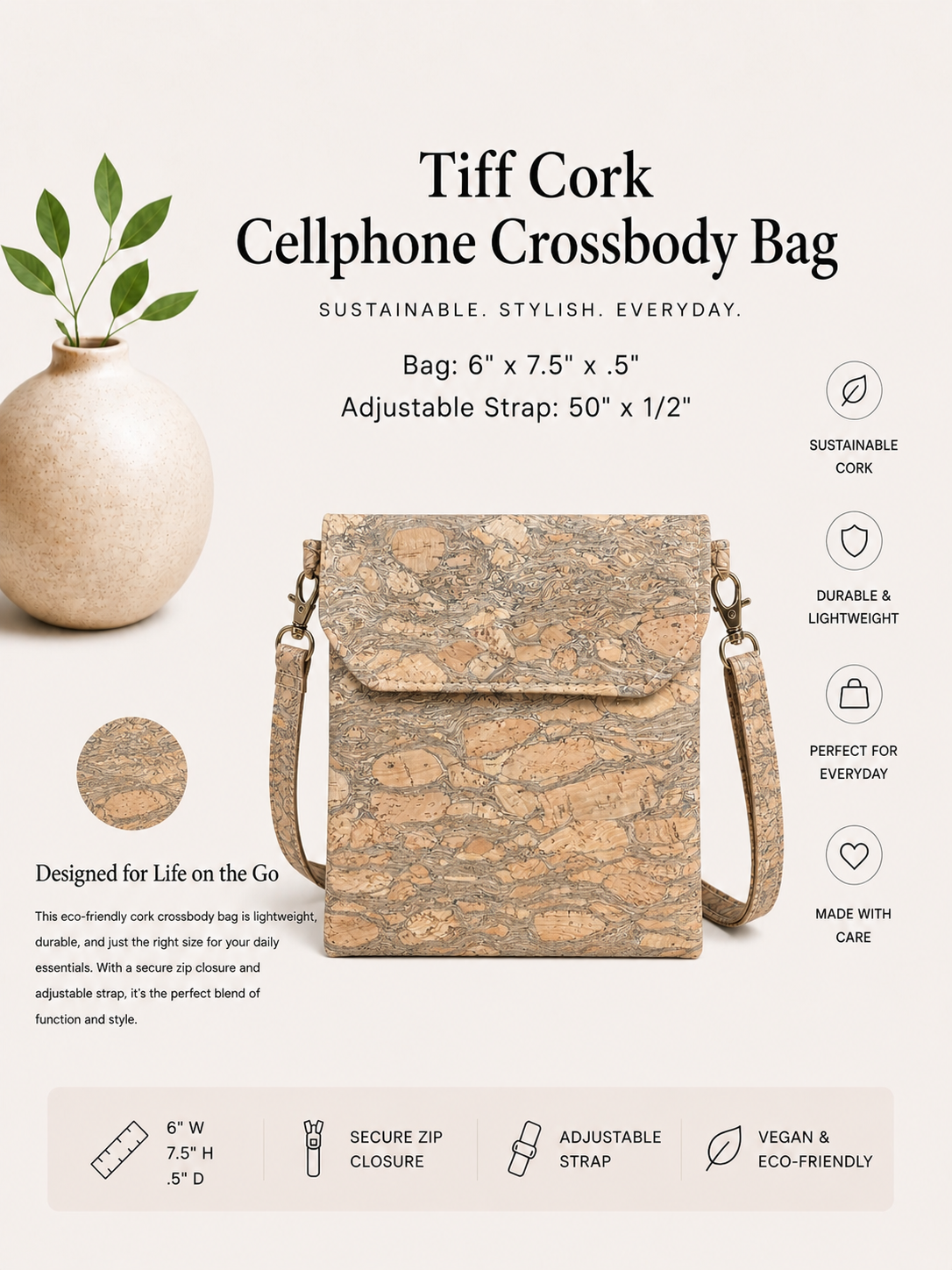 Tiff Cork Cellphone Crossbody Bag - Handmade - Vegan  - Adjustable Strap