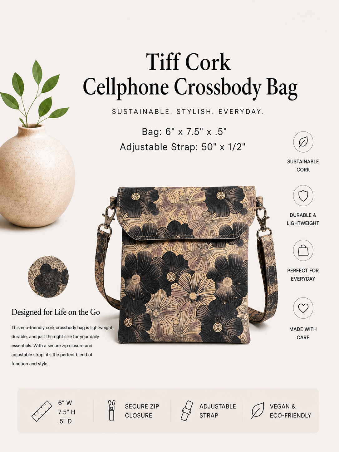 Tiff Cork Cellphone Crossbody Bag - Handmade - Vegan  - Adjustable Strap