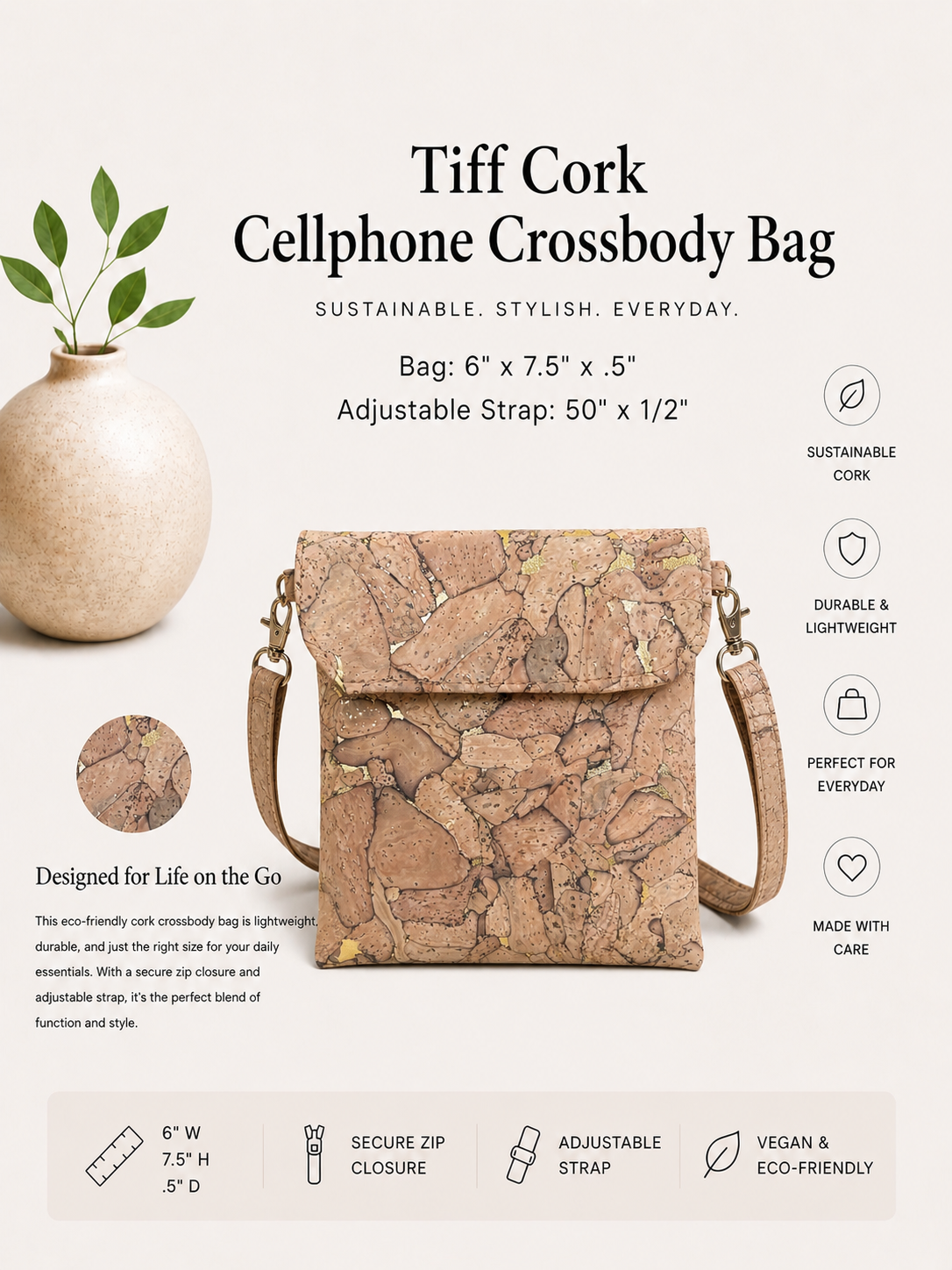 Tiff Cork Cellphone Crossbody Bag - Handmade - Vegan  - Adjustable Strap