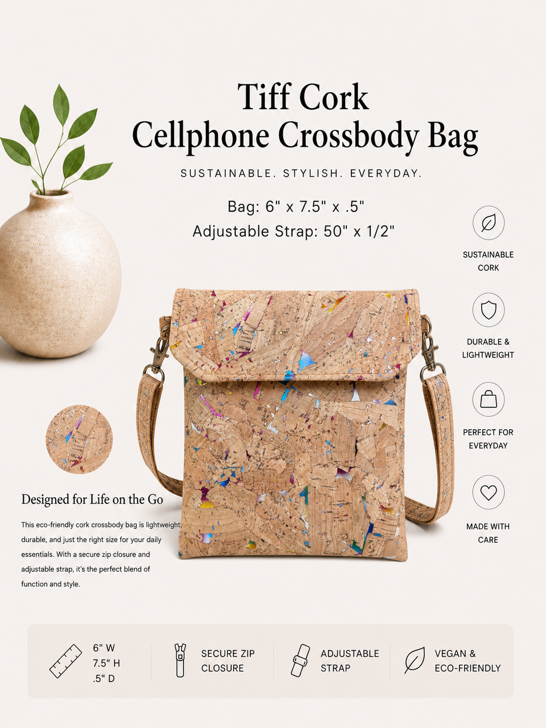 Tiff Cork Cellphone Crossbody Bag - Handmade - Vegan  - Adjustable Strap