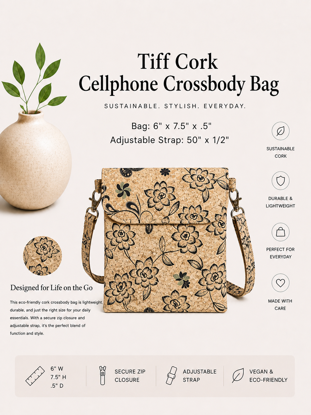 Tiff Cork Cellphone Crossbody Bag - Handmade - Vegan  - Adjustable Strap