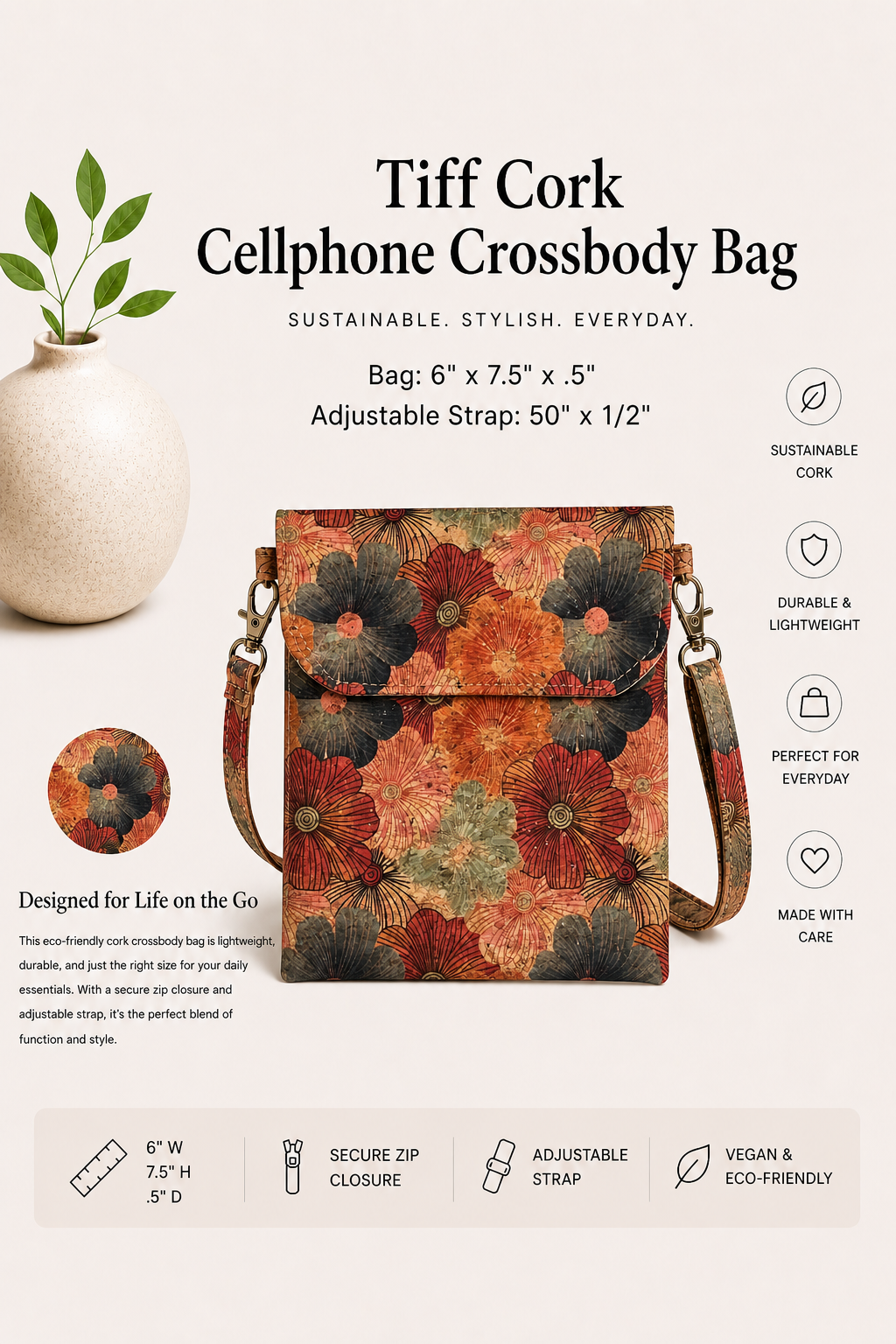 Tiff Cork Cellphone Crossbody Bag - Handmade - Vegan  - Adjustable Strap