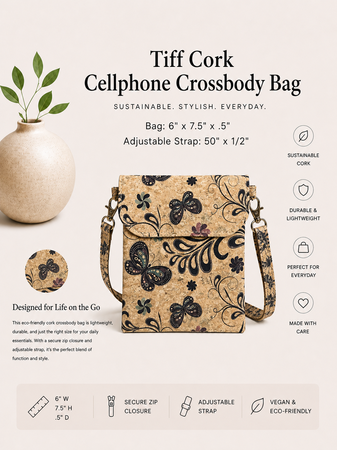 Tiff Cork Cellphone Crossbody Bag - Handmade - Vegan  - Adjustable Strap