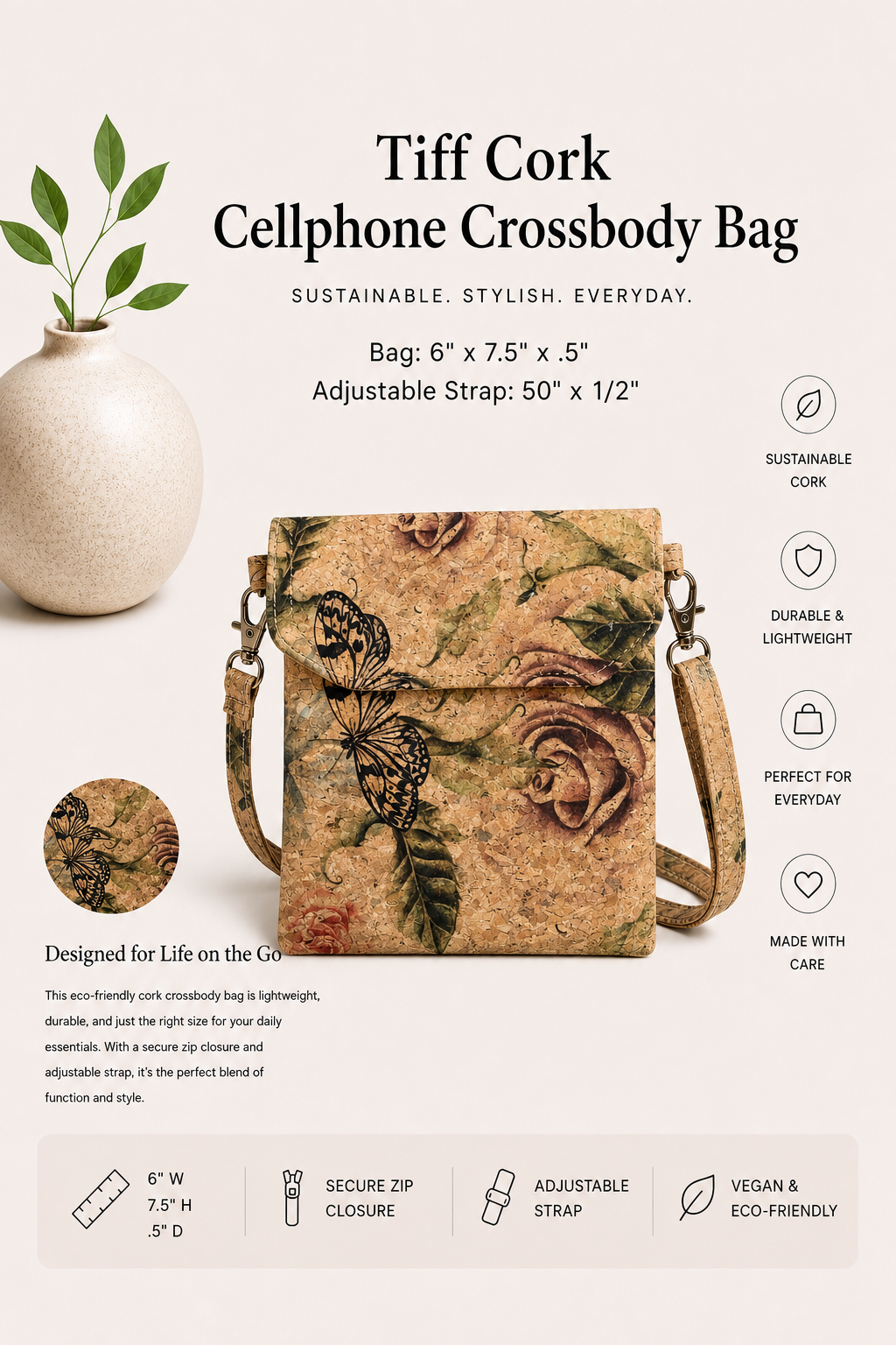 Tiff Cork Cellphone Crossbody Bag - Handmade - Vegan  - Adjustable Strap