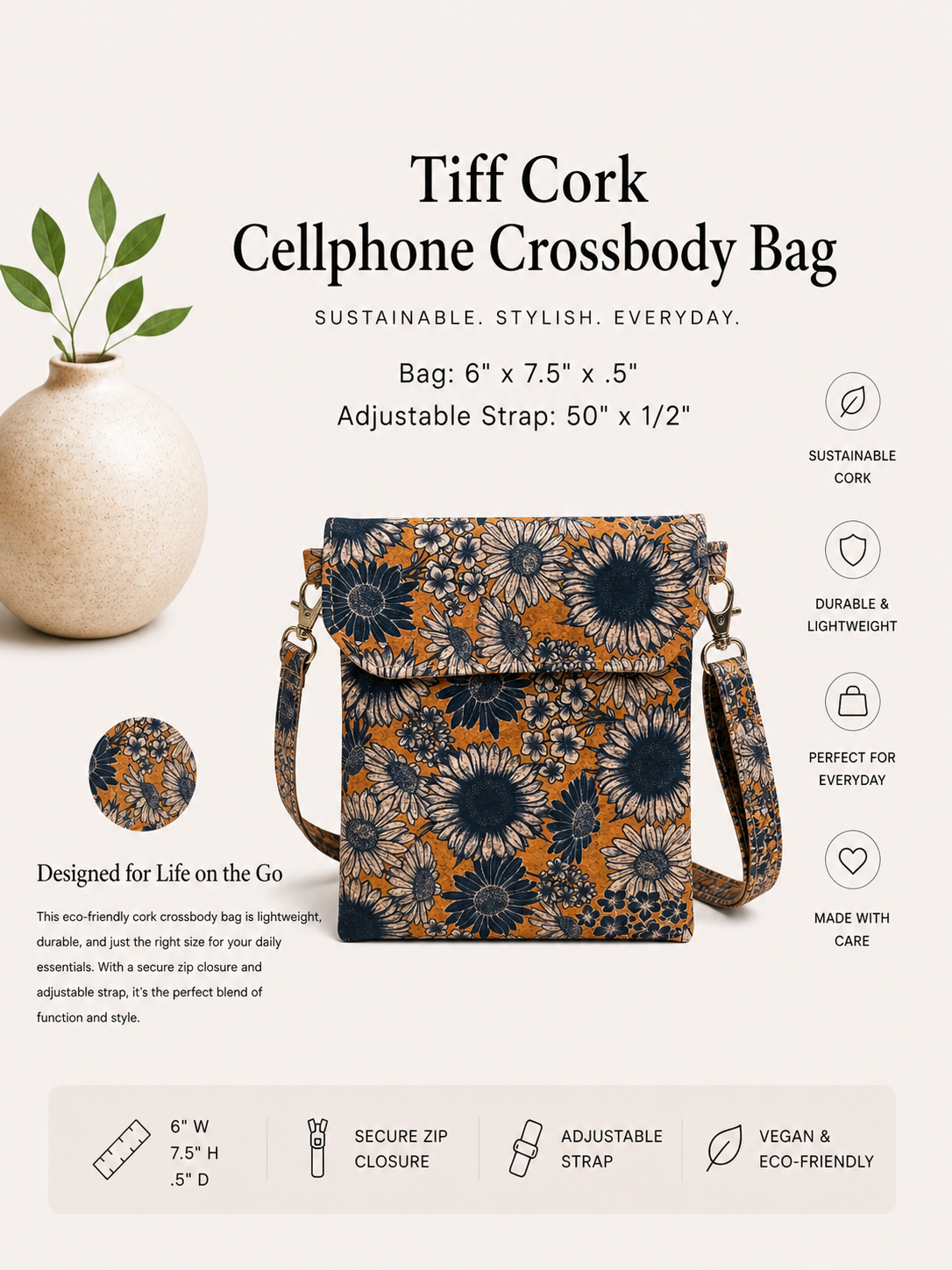 Tiff Cork Cellphone Crossbody Bag - Handmade - Vegan  - Adjustable Strap