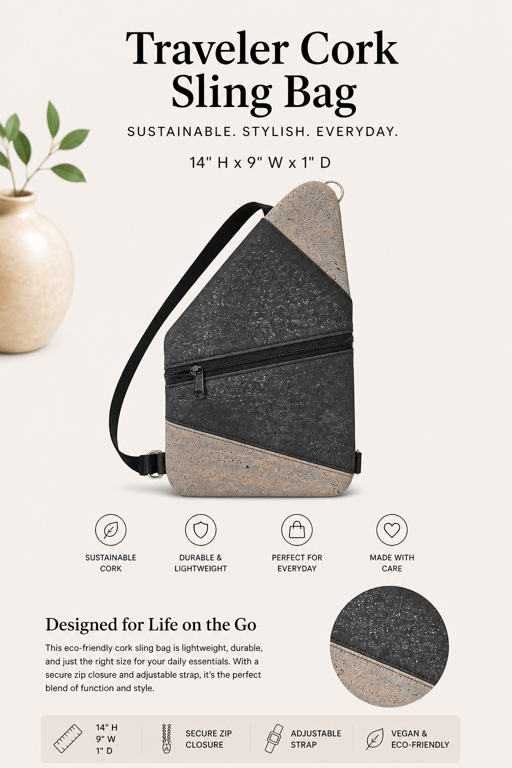 Traveler Cork Sling Bag – Handmade - Vegan - Adjustable Strap