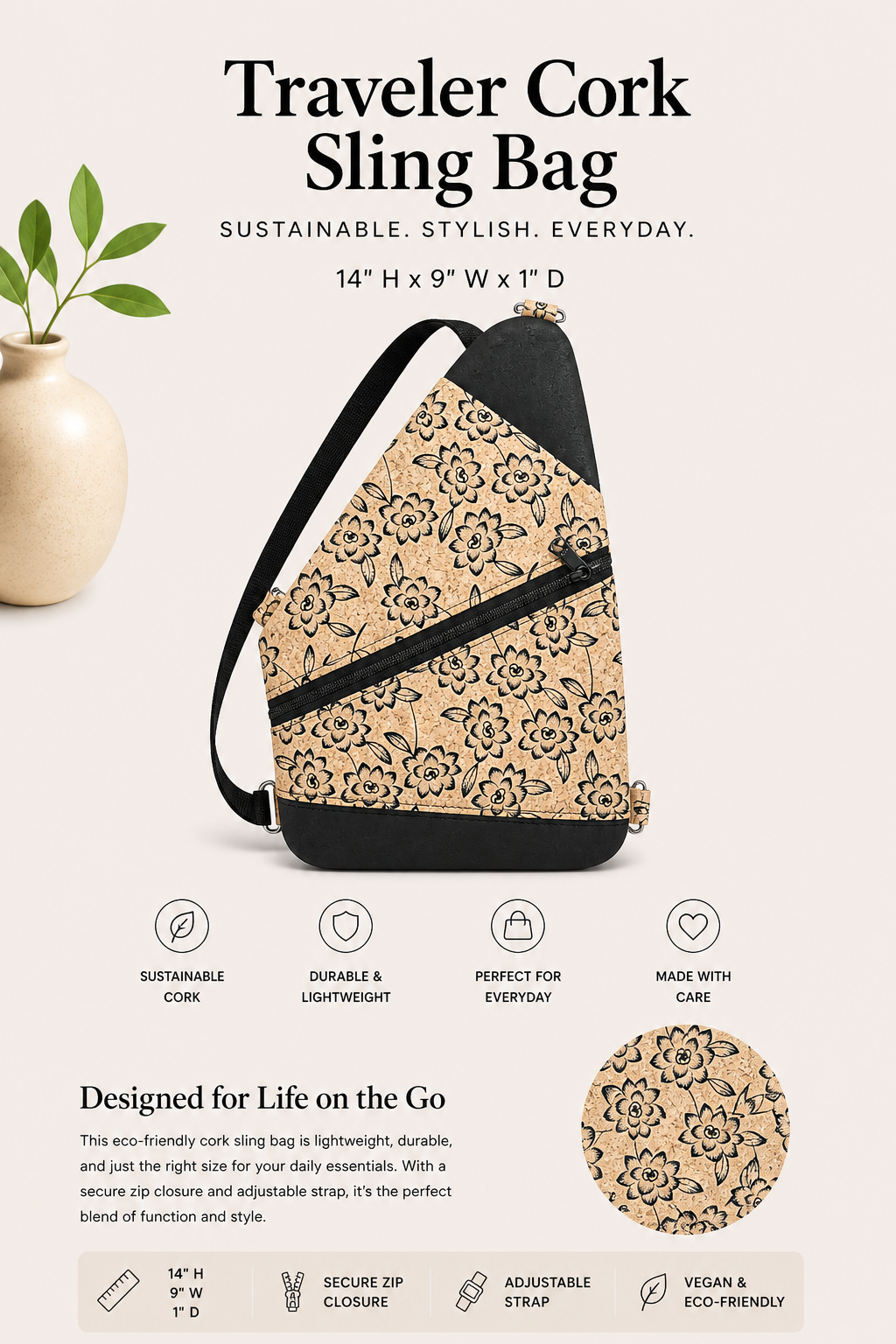 Traveler Cork Sling Bag – Handmade - Vegan - Adjustable Strap