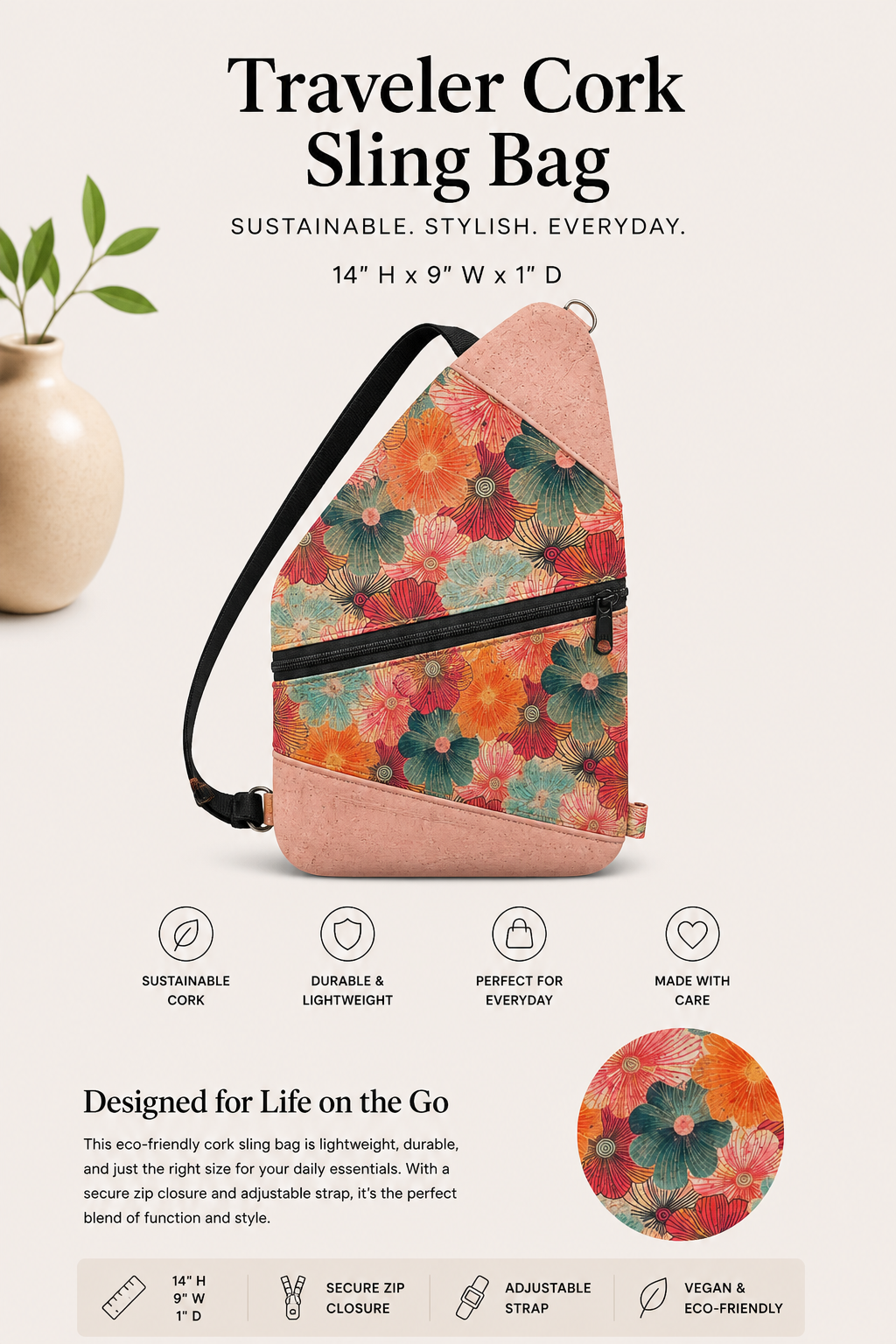 Traveler Cork Sling Bag – Handmade - Vegan - Adjustable Strap