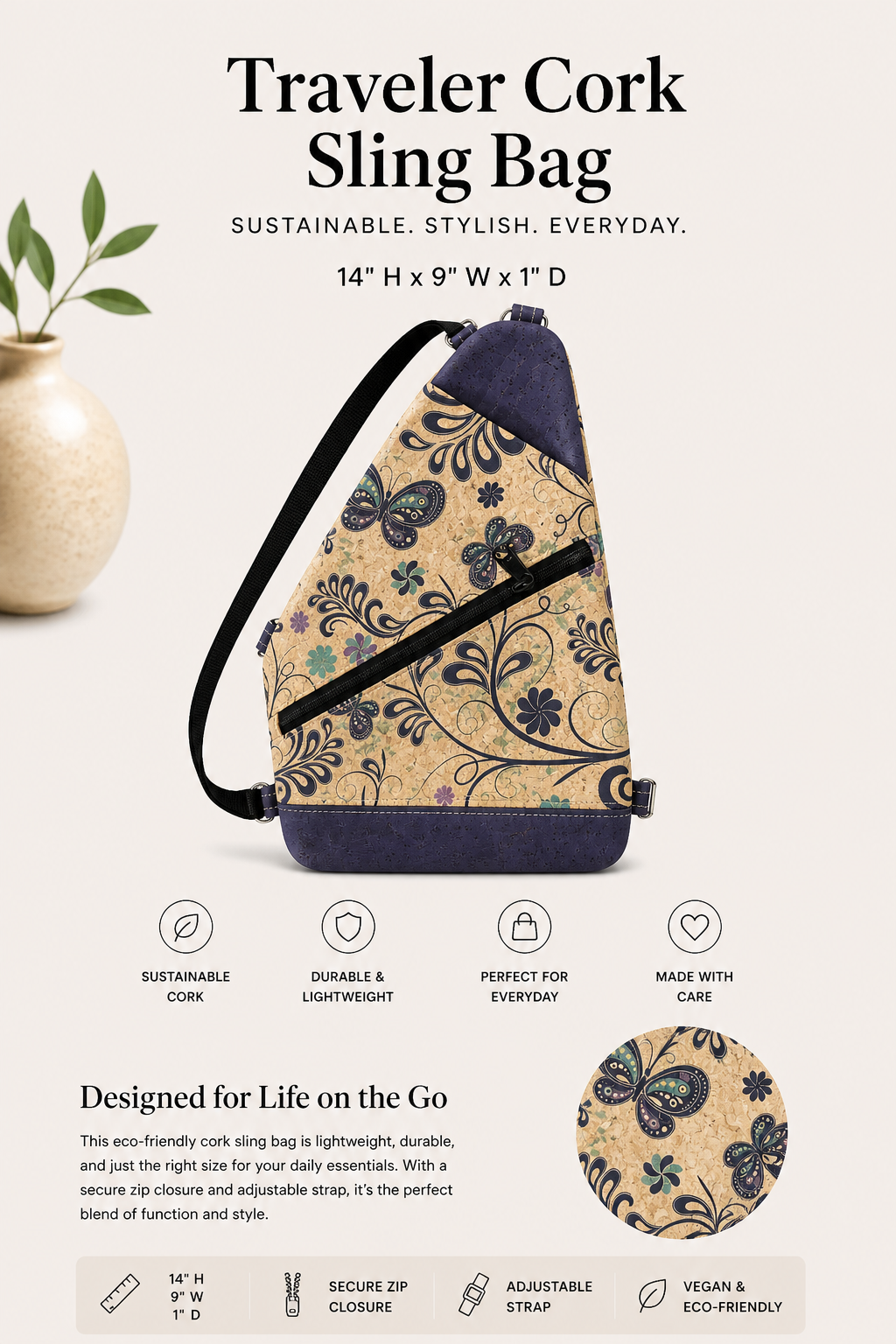 Traveler Cork Sling Bag – Handmade - Vegan - Adjustable Strap