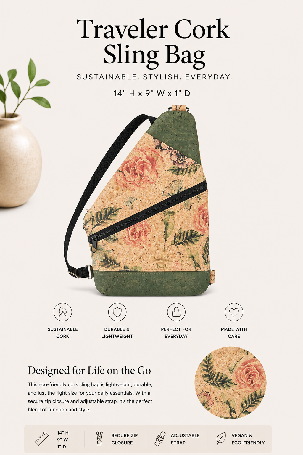 Traveler Cork Sling Bag – Handmade - Vegan - Adjustable Strap