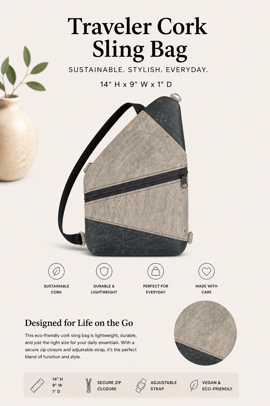 Traveler Cork Sling Bag – Handmade - Vegan - Adjustable Strap