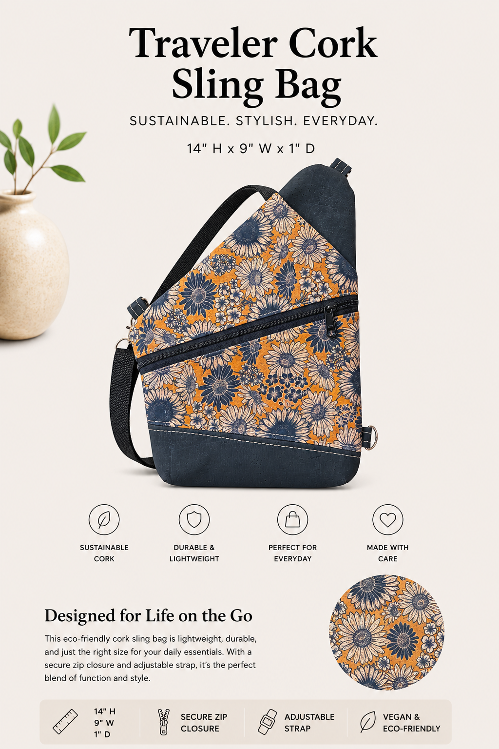 Traveler Cork Sling Bag – Handmade - Vegan - Adjustable Strap