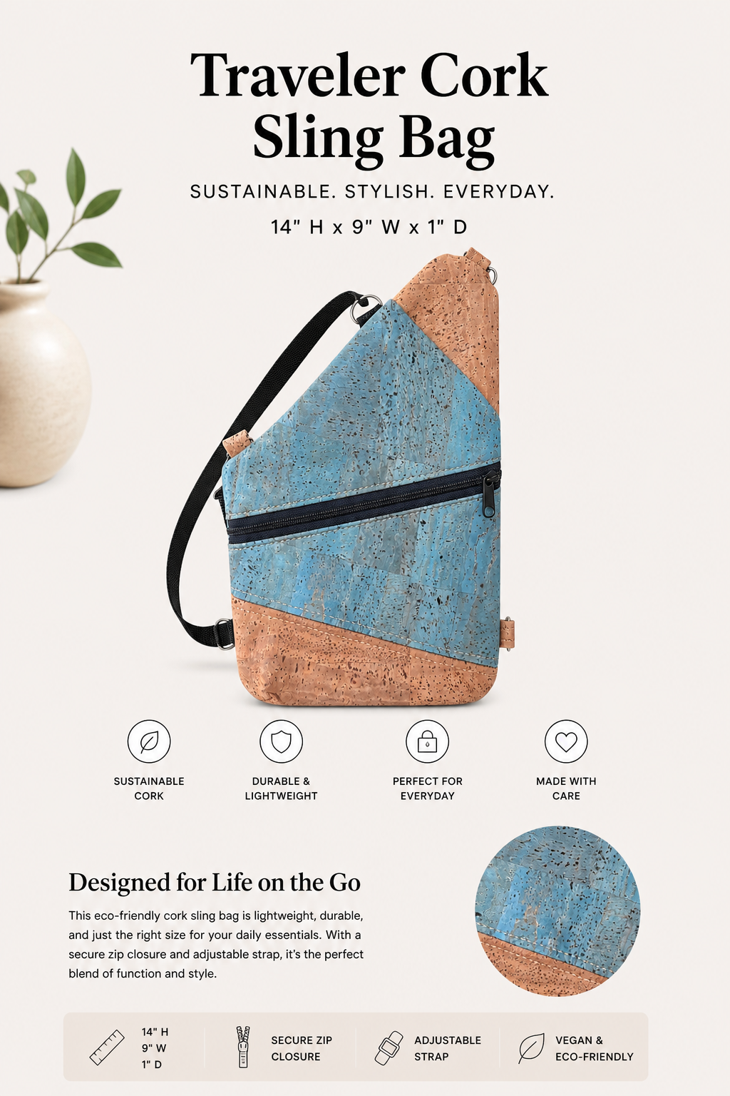 Traveler Cork Sling Bag – Handmade - Vegan - Adjustable Strap