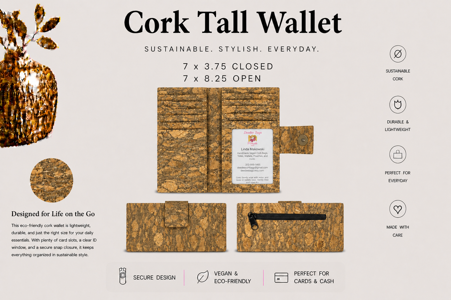 Tall Cork Wallet -ID Pocket-11 Card Pockets Bill Slots-Coin Pouch-Vegan-Handmade-Sustainable-Choose your fabric