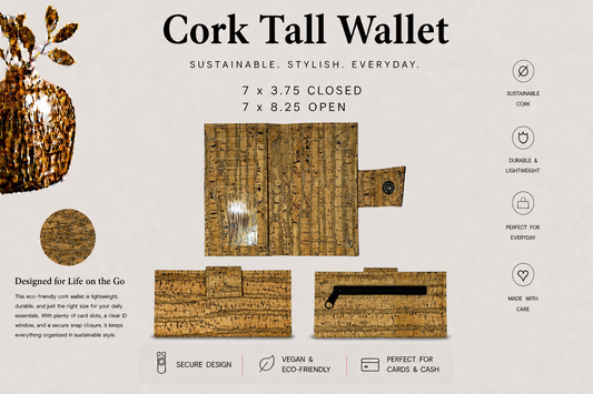 Tall Cork Wallet -ID Pocket-11 Card Pockets Bill Slots-Coin Pouch-Vegan-Handmade-Sustainable-Choose your fabric