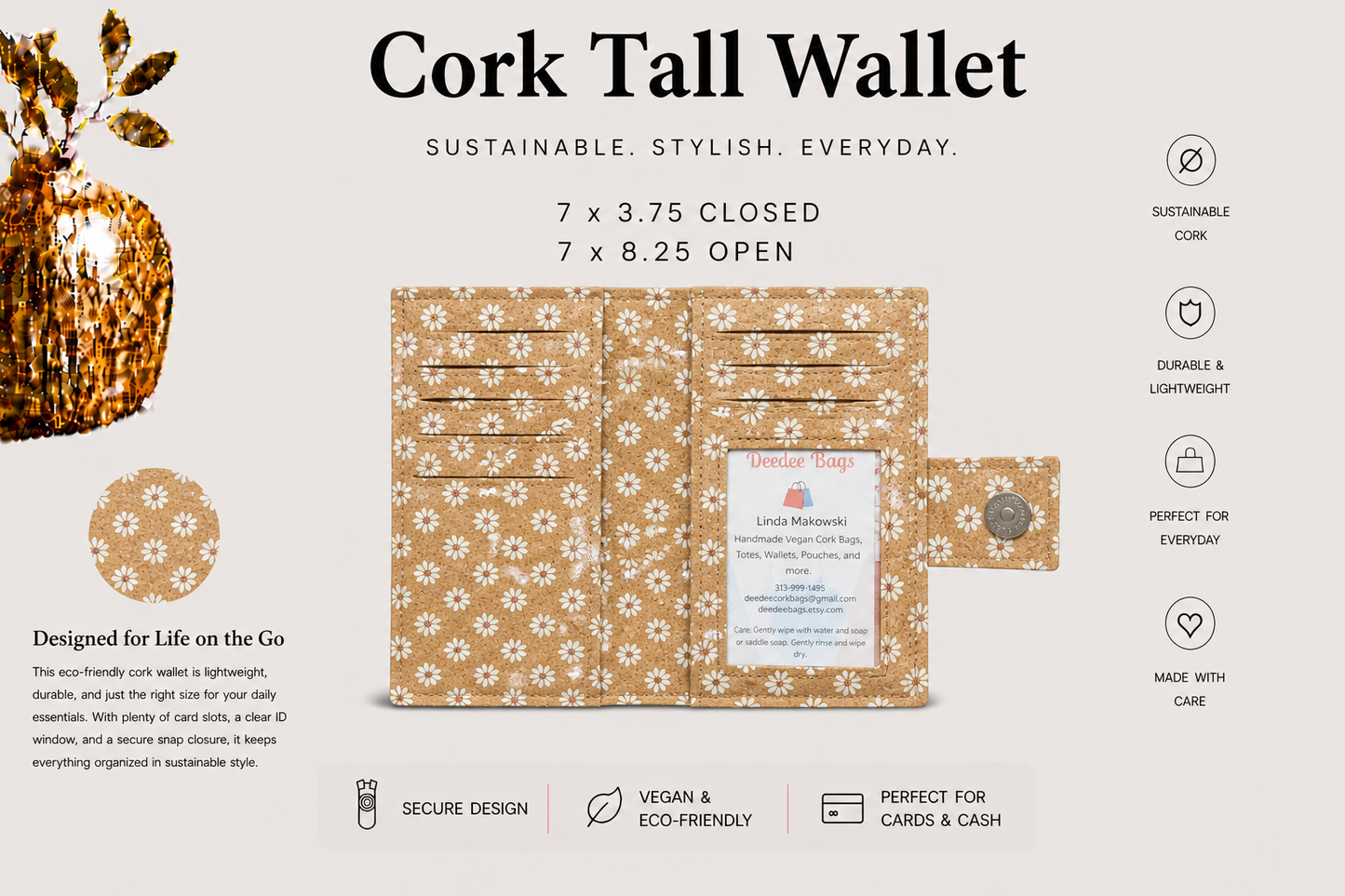 Tall Cork Wallet -ID Pocket-11 Card Pockets Bill Slots-Coin Pouch-Vegan-Handmade-Sustainable-Choose your fabric