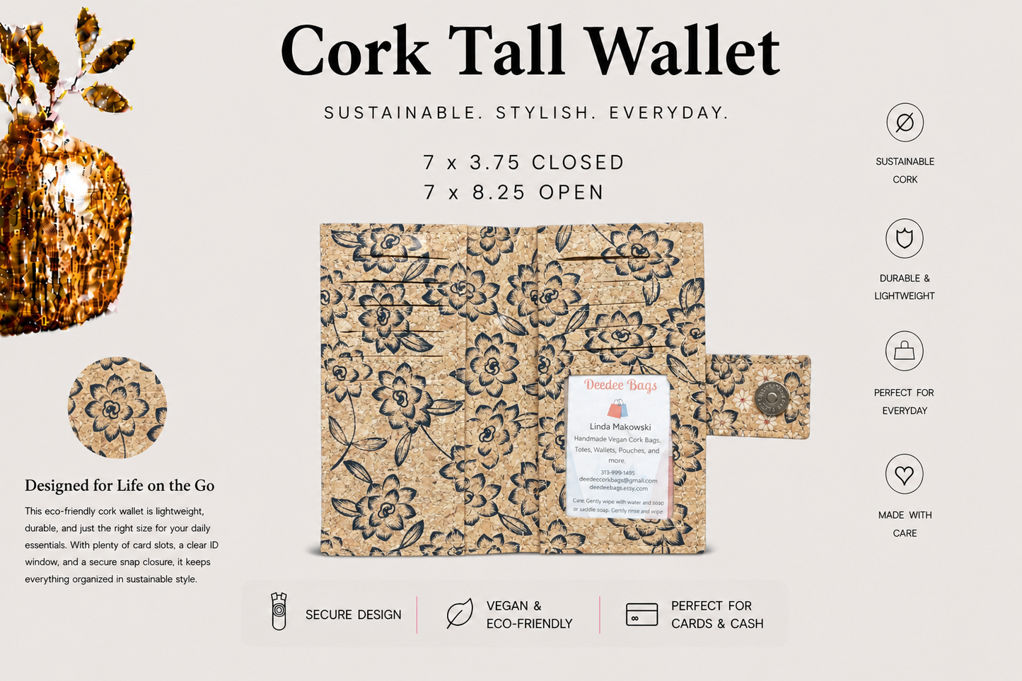 Tall Cork Wallet -ID Pocket-11 Card Pockets Bill Slots-Coin Pouch-Vegan-Handmade-Sustainable-Choose your fabric