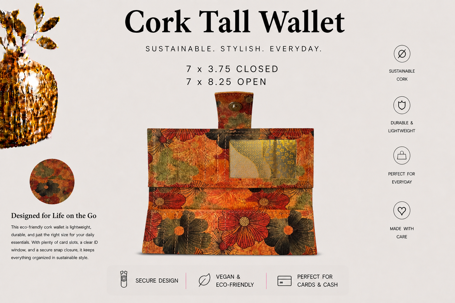 Tall Cork Wallet -ID Pocket-11 Card Pockets Bill Slots-Coin Pouch-Vegan-Handmade-Sustainable-Choose your fabric