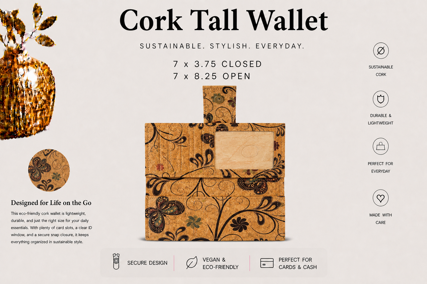Tall Cork Wallet -ID Pocket-11 Card Pockets Bill Slots-Coin Pouch-Vegan-Handmade-Sustainable-Choose your fabric