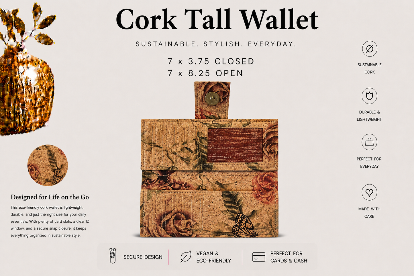 Tall Cork Wallet -ID Pocket-11 Card Pockets Bill Slots-Coin Pouch-Vegan-Handmade-Sustainable-Choose your fabric
