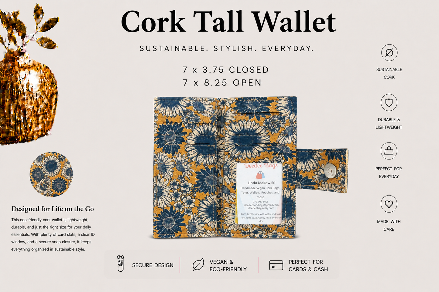 Tall Cork Wallet -ID Pocket-11 Card Pockets Bill Slots-Coin Pouch-Vegan-Handmade-Sustainable-Choose your fabric